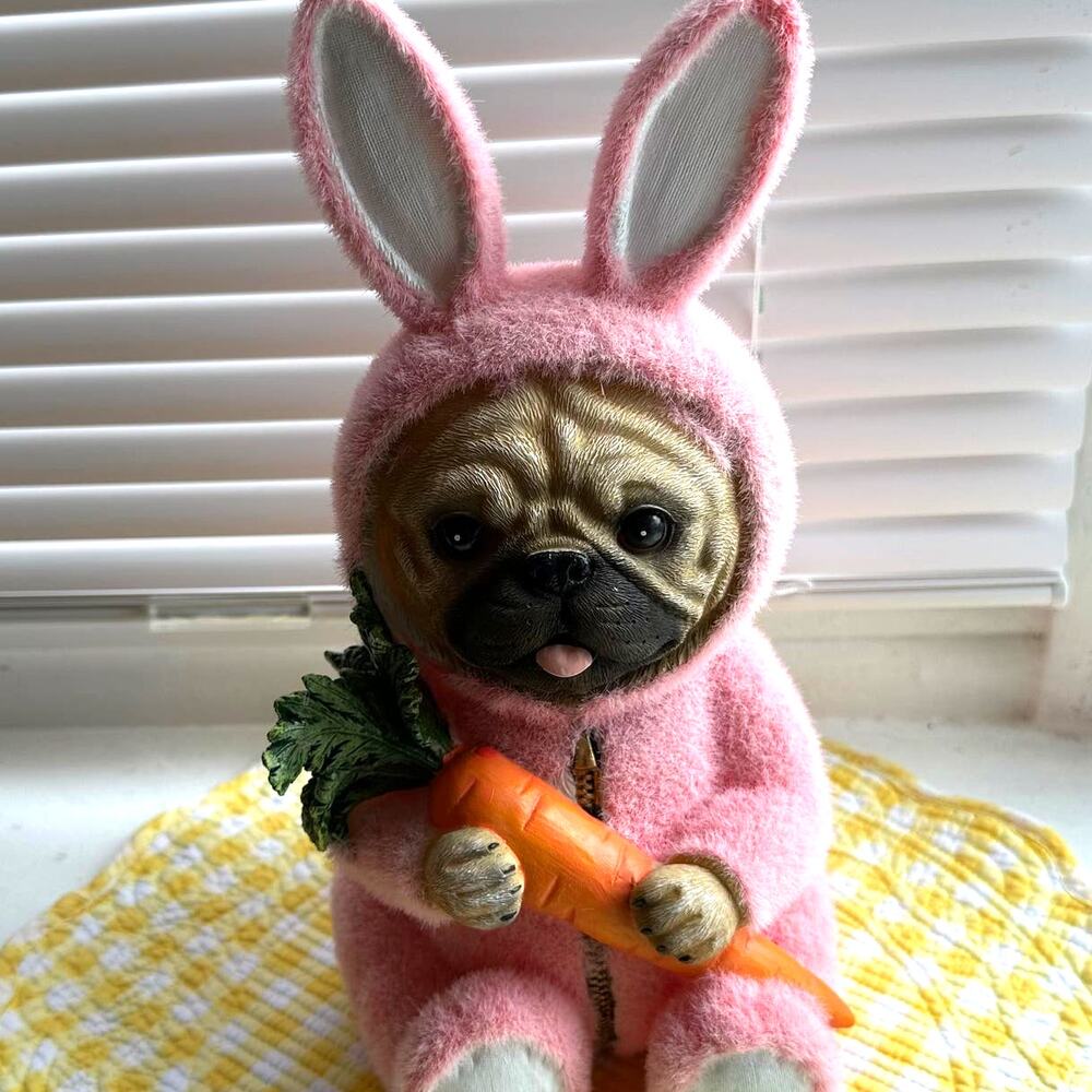 Pug Dressed in Pink Fuzzy Bunny Suit Figurine NWT